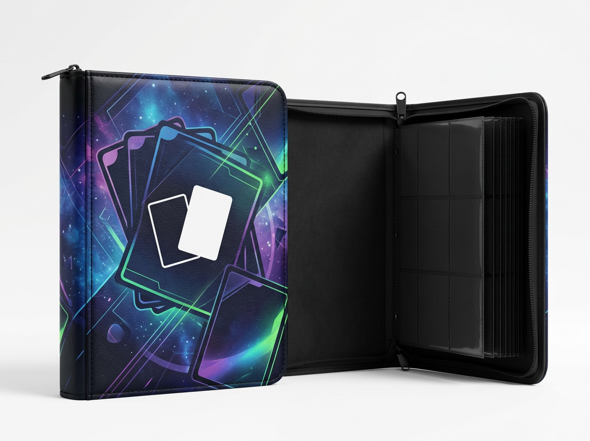 Custom printed 9-pocket zip binder open